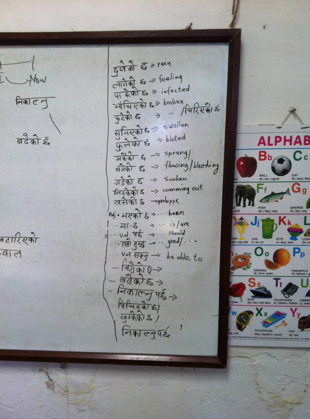 Learning Nepali language on white board.