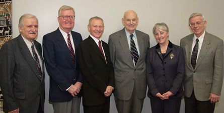 Dr. Alison Elliot's visit to PCC offices in Toronto was an impromptu occasion for a meeting of Moderators, past and present. From left, Rev. George Vais, Rev. Jim Sinclair, General Secretary of the United Church of Canada, Rev. Rick Fee, Rev. Ken McMillan, Elliot, and Rev. Glen Davis. Photo - Andrew Faiz