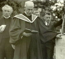 Former moderator Rev. Dr. J. S. Shortt blesses the cornerstone of Knox, Oshawa, June, 1934. Rev. D. Parry Jones, Knox' minister, is seen to the left. Photo - Duncan Campbell