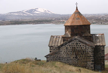 The Church of Astvatsatsin overlooking Lake Sevan, in Armenia.