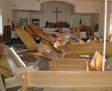 Pews at First Baptist Church in Pass Christian, Miss., swirled in the surge of Hurricane Katrina.