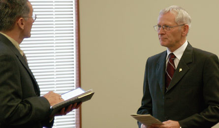 Rev. Rick Fee is inducted as the new general secretary of the Life and Mission Agency. Rev. Wayne Hancock, moderator of East Toronto Presbytery, led the ceremony.