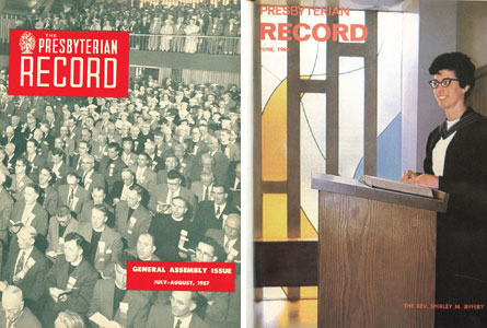 What a difference a decade makes: Left, General Assembly 1957. Right, Shirley Jeffery on the June 1968 cover. However, the first woman moderator was not elected until 1992, and less than a third of current Presbyterians ministers are female.