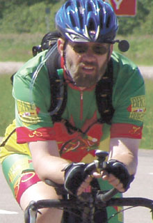 Bruce Kemp, Centennial Ride Coordinator and North Alberta District Director, participates in Bike for Bibles.