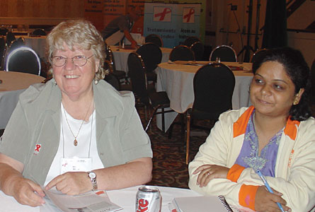 Moderator Wilma Welsh and Baruna Victor, of the Church of North India, at the Ecumenical Pre-Conference of the XVI AIDS Conference in Toronto. Welsh visited Victor's mission in September and will report on that trip next month.