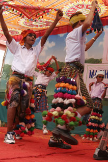 A Bhil dance at the dedication of the Masihi Christian School in Jobat, India.