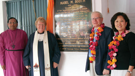 Presbyterian Church representatives were in Jobat, India in September to dedicate the newly built Masihi Christian school. The project was made possible thanks to a generous donation from the late Mabel Booth, and was administered through the Women's Missionary Society. The PCC has supported the school, along with the Jobat hospital, community health program and nurse's college, for many years. Standing with Rt. Rev. L. Maida, Bishop of the Diocese of Bhopal, Church of North India, are l-r: Moderator Wilma Welsh, Rev. Dr. Ron Wallace, International Ministries and Rev. Sarah Kim, Women's Missionary Society.