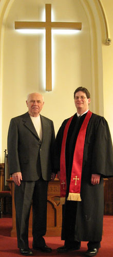 Doug Lackie with Rev. Dr. Randall Benson on the day he was commissioned for his journey at Claude, Caledon, Ont.