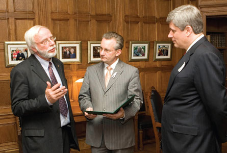 Rev. Dr. Hans Kouwenberg, Moderator of the 133rd General Assembly, met with Prime Minister Stephen Harper last December. Ed Fast, (middle) Member of Parliament for Abbotsford, B.C., facilitated the meeting.