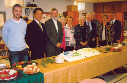 Celebrating your 50th, like Greenbrier, Brantford, Ont.? You'll need cake - check. The rest just falls into place; sort of. From left, one of younger members of the congregation, Tim Young and beside him the moderator of the last general assembly Rev. Cheol Soon Park and Rev. Donald N. Young. The rest of this group are charter members: Helen Bradfield, Eleanor Foreman, Mary King, Allan Brunsden, Don Bradfield, Ann Vaughan and Lloyd Vaughan.