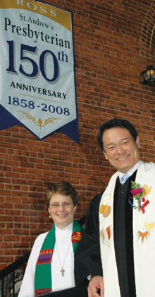 As they say: A picture is worth a thousand words. This one tells the whole story. All you need to know are the names of the two smiley faces: Rev. Patricia Van Gelder and moderator of the last general assembly, Rev. Cheol Soon Park. Oh, and, that would be St. Andrew's, Ross, Ont., part of a two-point charge with St. Andrew's, Cobden.