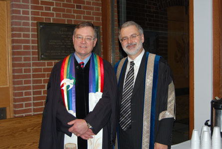 Rev. Dr. Dale Woods joined the faculty of Presbyterian College, Montreal, last September. He's the one in the colourful stole with principal Rev. Dr. John Vissers.