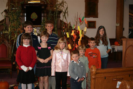 St. Andrew's Presbyterian in Pictou, NS had an intergenerational service Thanksgiving Sunday. Here are some of the children gathered around the Thanksgiving Tree. The congregation wrote things they were thankful for on pieces of fall coloured paper. These were read and hung on the tree as a bright reminder of all God gives us.