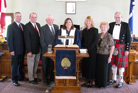 St. Paul's, Glammis Ont., celebrated its 150th anniversary last September. Session is shown with Rev. Shelly Butterfield Kocis. From left to right Steve Eby, Stan Eby, Ron Thompson, Rev. Shelly, Eileen Simpson, Eileen Alexander and Ken B. MacLean.