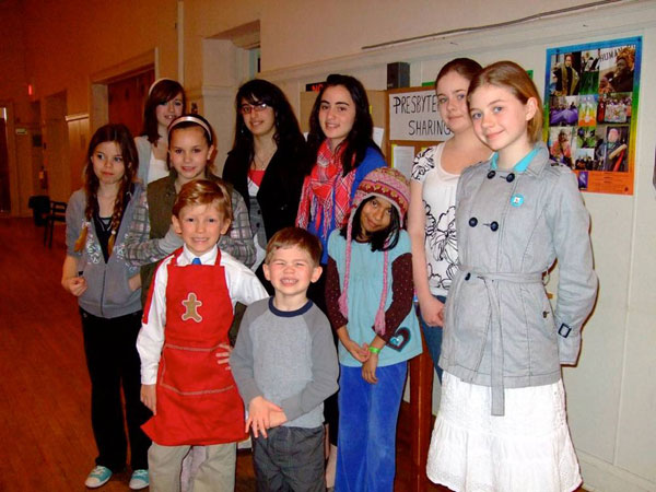 These young Presbyterians, with some help from their parents, prepared a Spaghetti lunch in April for the congregation of St. David, Halifax, raised $395 and forwarded that to Presbyterians Sharing. The benefactors are, from back, Katie, Lila, Amanda, Margaret, Katie;  front, Rebecca, Brianna, William, Ian and Alissa.