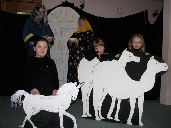 Members of Scotsburn’s Black Light Theatre are shown here getting set to rehearse the troupe’s latest production, Noah and the Flood. Among the total of about 30 cast and crew members (not including luminescent props) from the Scotsburn area are, front, from left, Fiona MacKenzie, Matthew Adams, Meg Maxner, back row, Carl Adams and Joyce MacLeod. The theatre is sponsored by Bethel, Scotsburn, NS. Performances were in April at Scotsburn Elementary School.