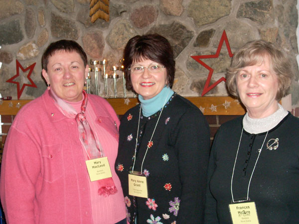 At Camp Geddie brunch is Mary MacLeod, South Haven; Mary Anne Grant, Tatamagouche; Frances McClure, Sydney, Nova Scotia. All attended the John Bell (Iona, Scotland) Seminar, sponsored by Synod of Atlantic Provinces. It was held at First Presbyterian Church, New Glasgow, N.S. in February.