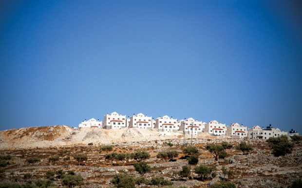 An Israeli settlement — identified by the red roofs and identical facades — taken on the way to Jerusalem from Tel Aviv; photos by Hannah Carter