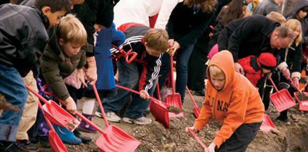 Kids of all ages broke ground for the new Knox, Waterloo.