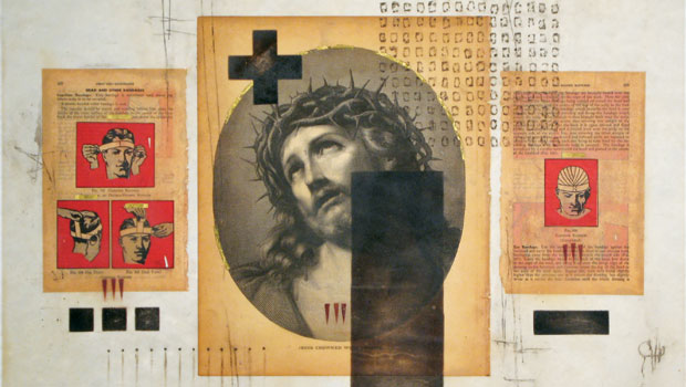 Crown of Thorns and Capeline Bandage, 24”x18”, Bible and first aid manual pages, rust, blood, gold leaf, crushed stone and beeswax on paper. Original artwork by Paul Roorda.