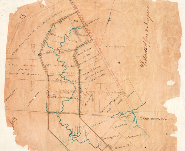 A survey of the Six Nation Indian lands completed in 1821. The image depicts the lands granted to the Six Nation Indians along the Grand River in Upper Canada.
