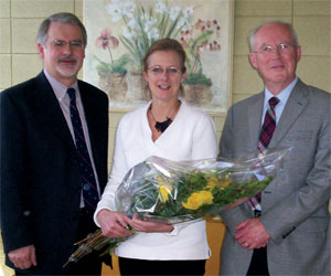Caroline O’Connor is thanked for 12 years of service at Presbyterian College, Montreal.