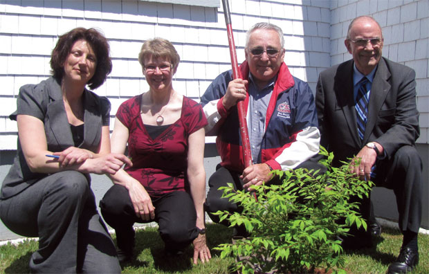 A burning bush was planted outside Tyne Valley Presbyterian to commemorate the recovery from an oil tank leak. From left: Glynis Faith, Irene MacLean, Dave Sudsbury, and Gary Naylor.