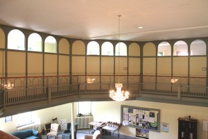 A view of the balcony showing the outside of three of the five old Sunday School Rooms.