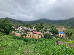 Looking up at village on slope